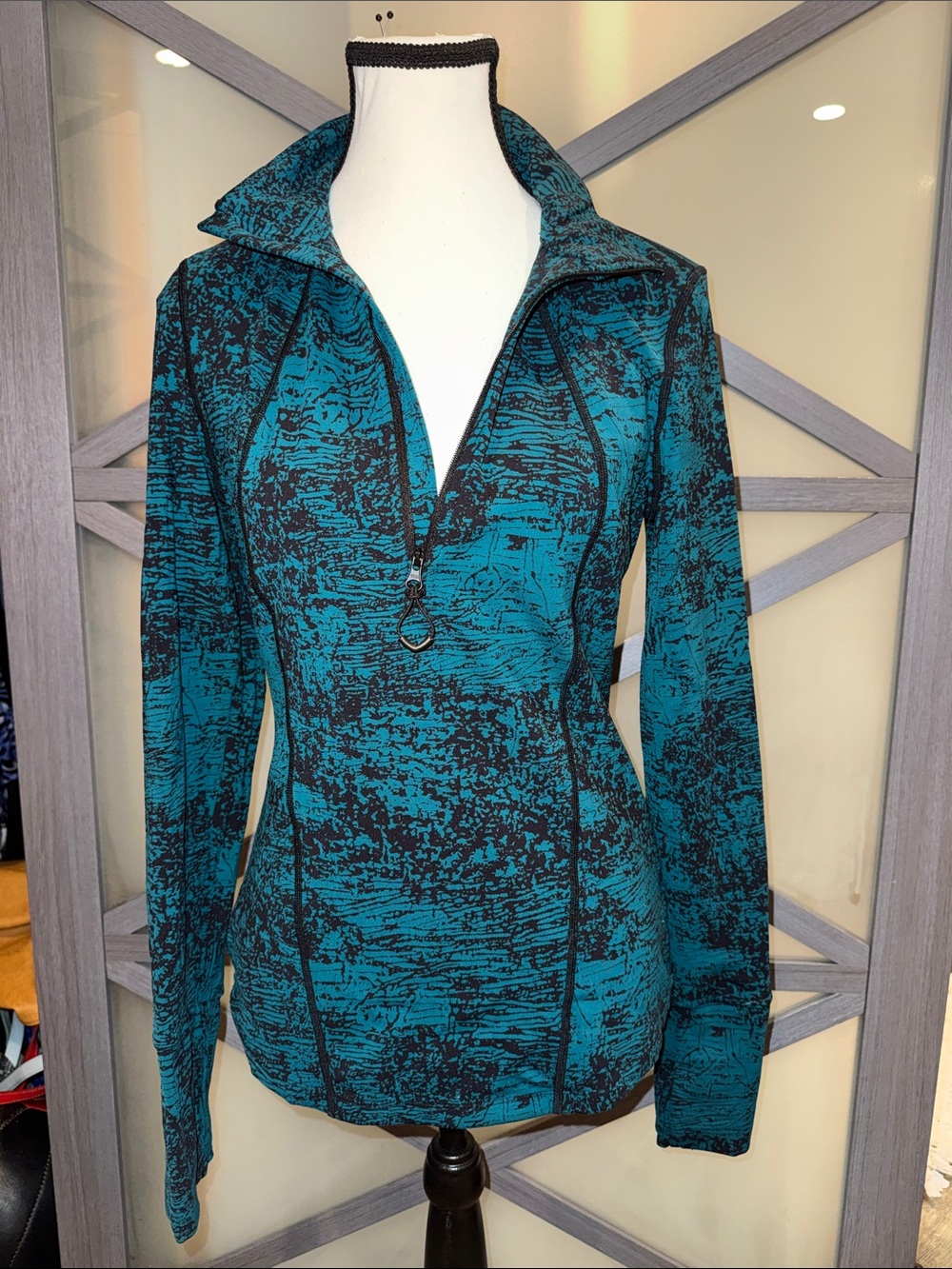 Zella Medium Teal Black Print Half Zip Athletic Pullover Running Top